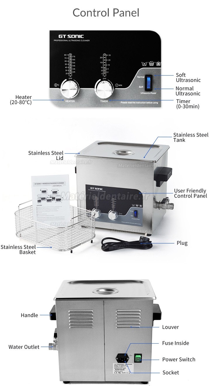 GT SONIC Série T Nettoyeur à ultrasons numérique 2-27L 100-500W avec fonction de chauffage